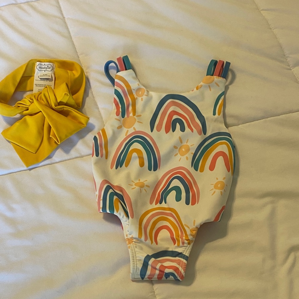 Mud Pie Colorful Rainbow Kids Swim One Piece with matching bow